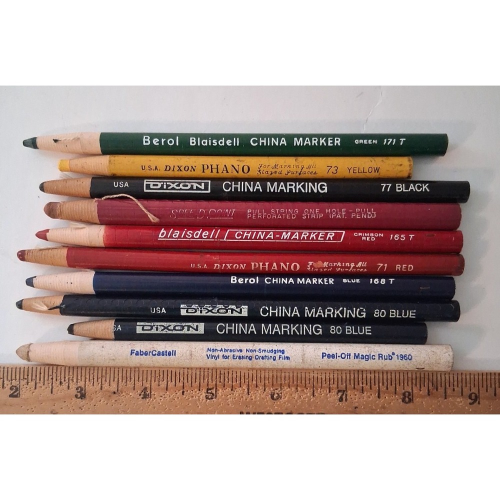 Vintage Faber-Castell Peel-Off Magic Rub 1960 & 9 China Markers Variety Berol